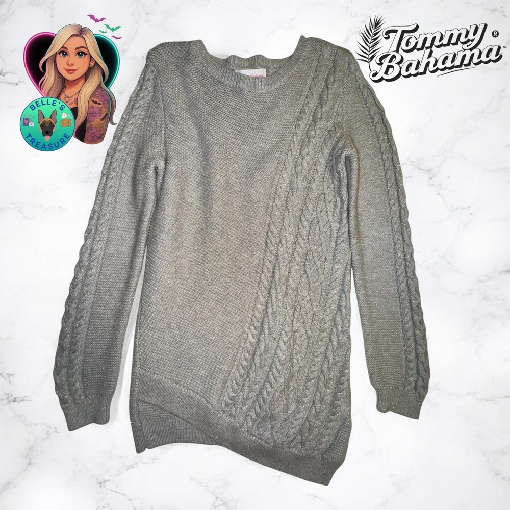 Tommy Bahama Women's Small Gray Cable Knit Metallic Sweater Tunic Long Sleeve